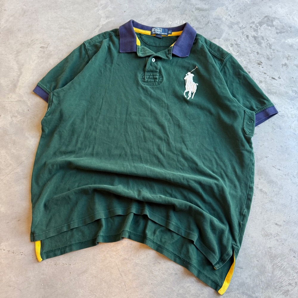 Polo Ralph Lauren Mens XL Green Big Pony Short Sleeve Polo Shirt Navy Collar
